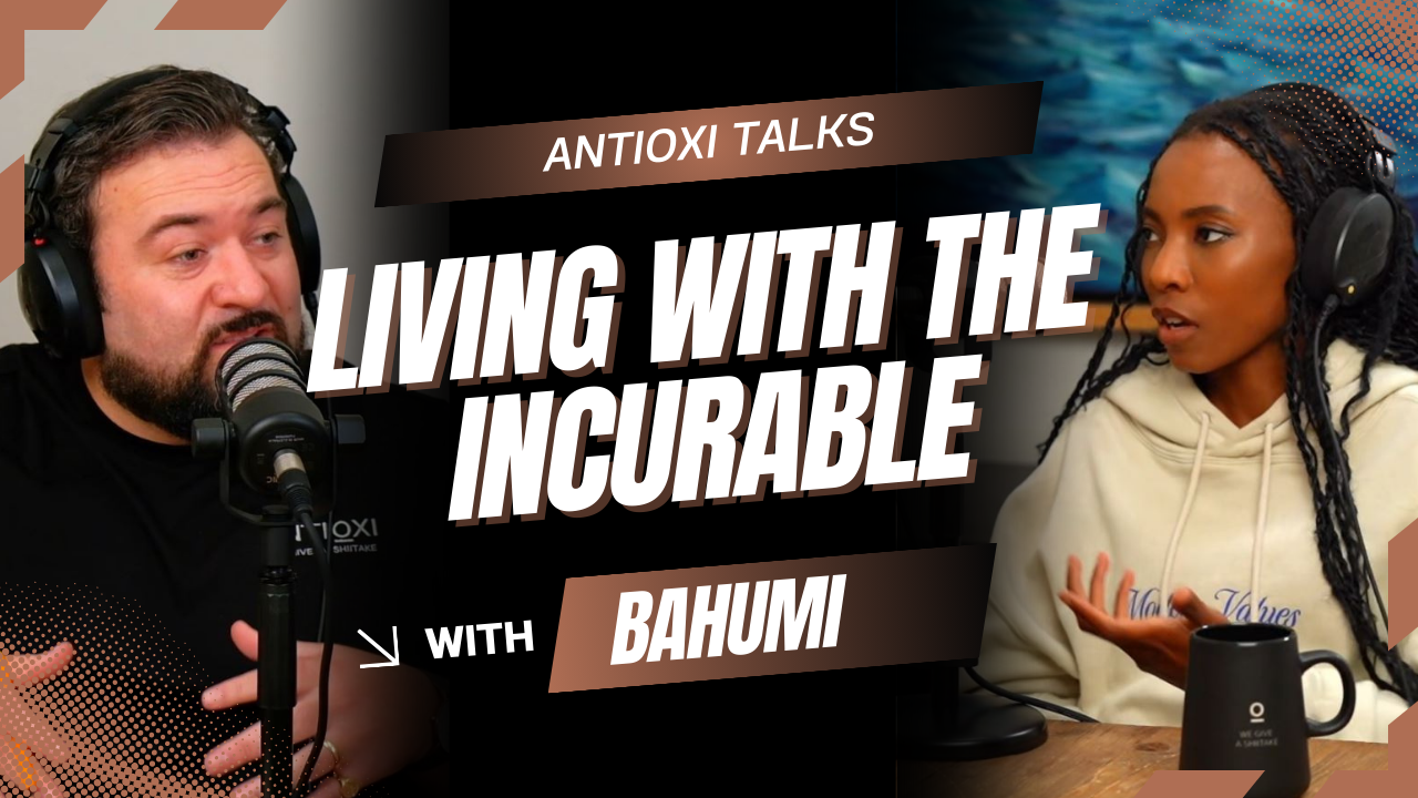 Podcast thumbnail for Antioxi Talks episode featuring Bahumi and Marko. Title text reads “Living With the Incurable.” Bahumi shares her story of faith, resilience, and living with lymphedema in a powerful health and wellness conversation.