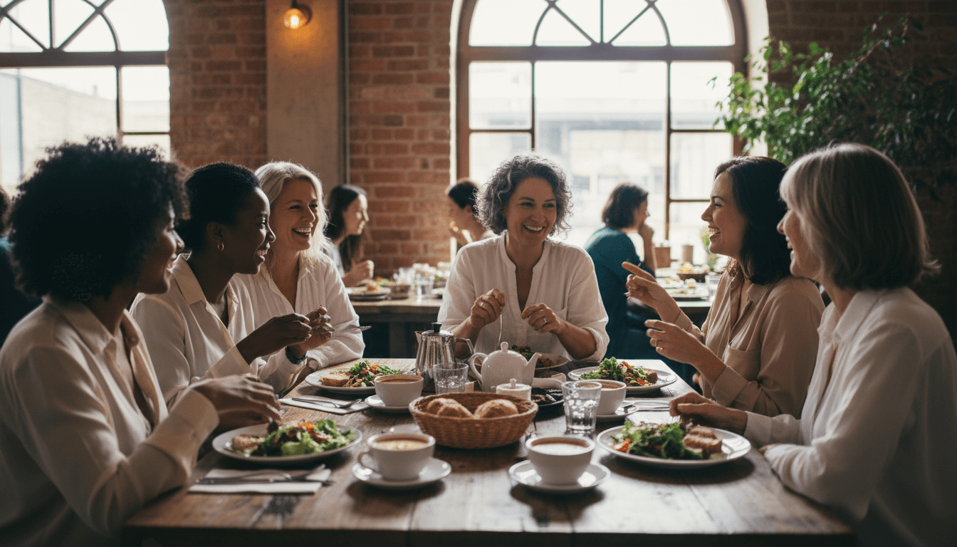 Women enjoying a healthy meal together in a cozy restaurant, representing women’s wellness and balanced lifestyle. | Antioxi