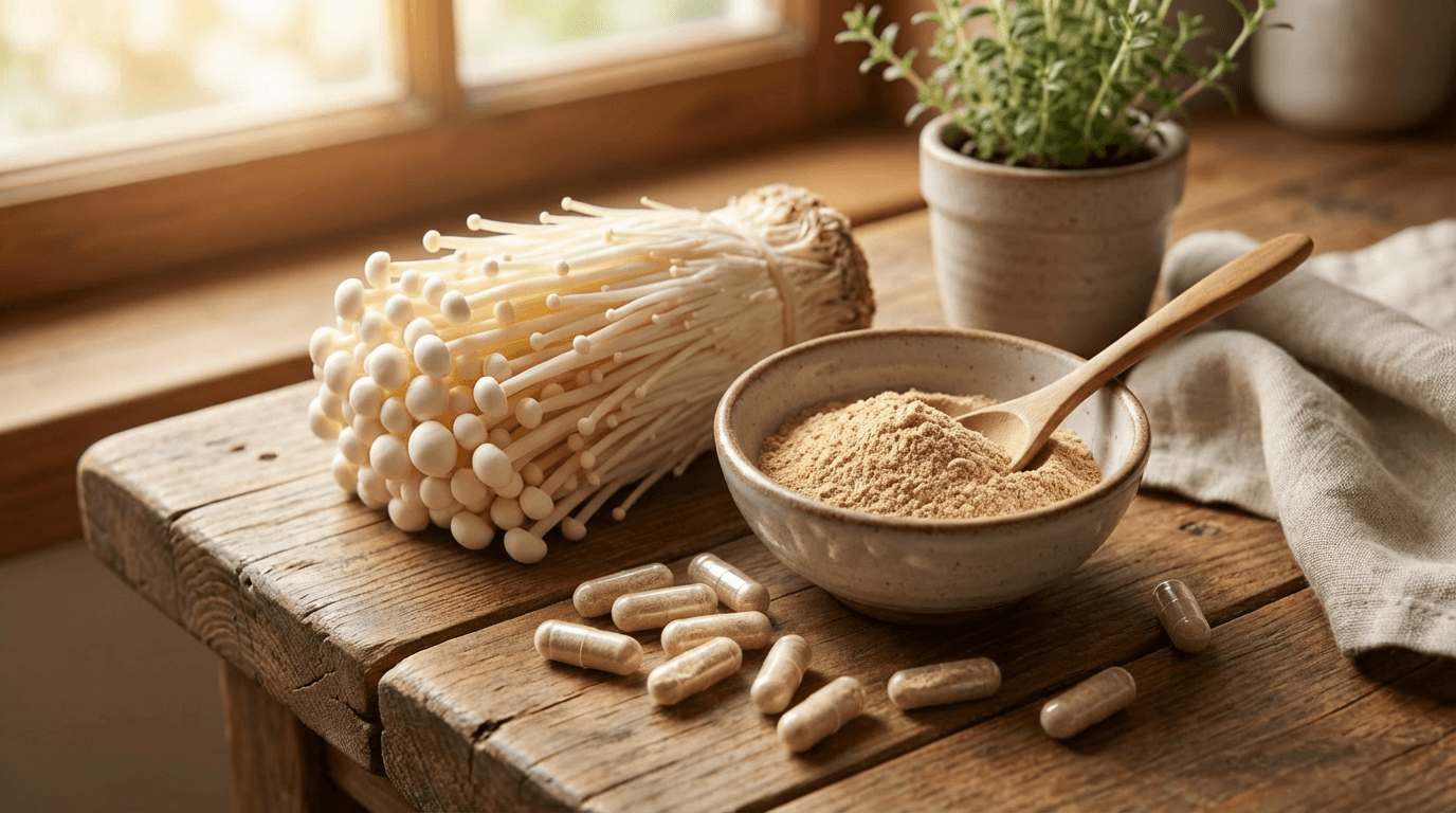 Ultimate Guide to Enokitake: Health Benefits & Uses written | Antioxi Vitalpilz-Extrakts