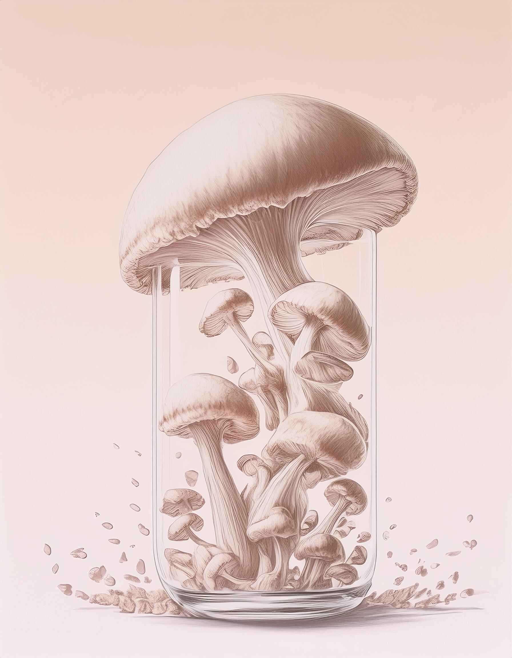 An illustration of mushrooms bursting out of a glass container.