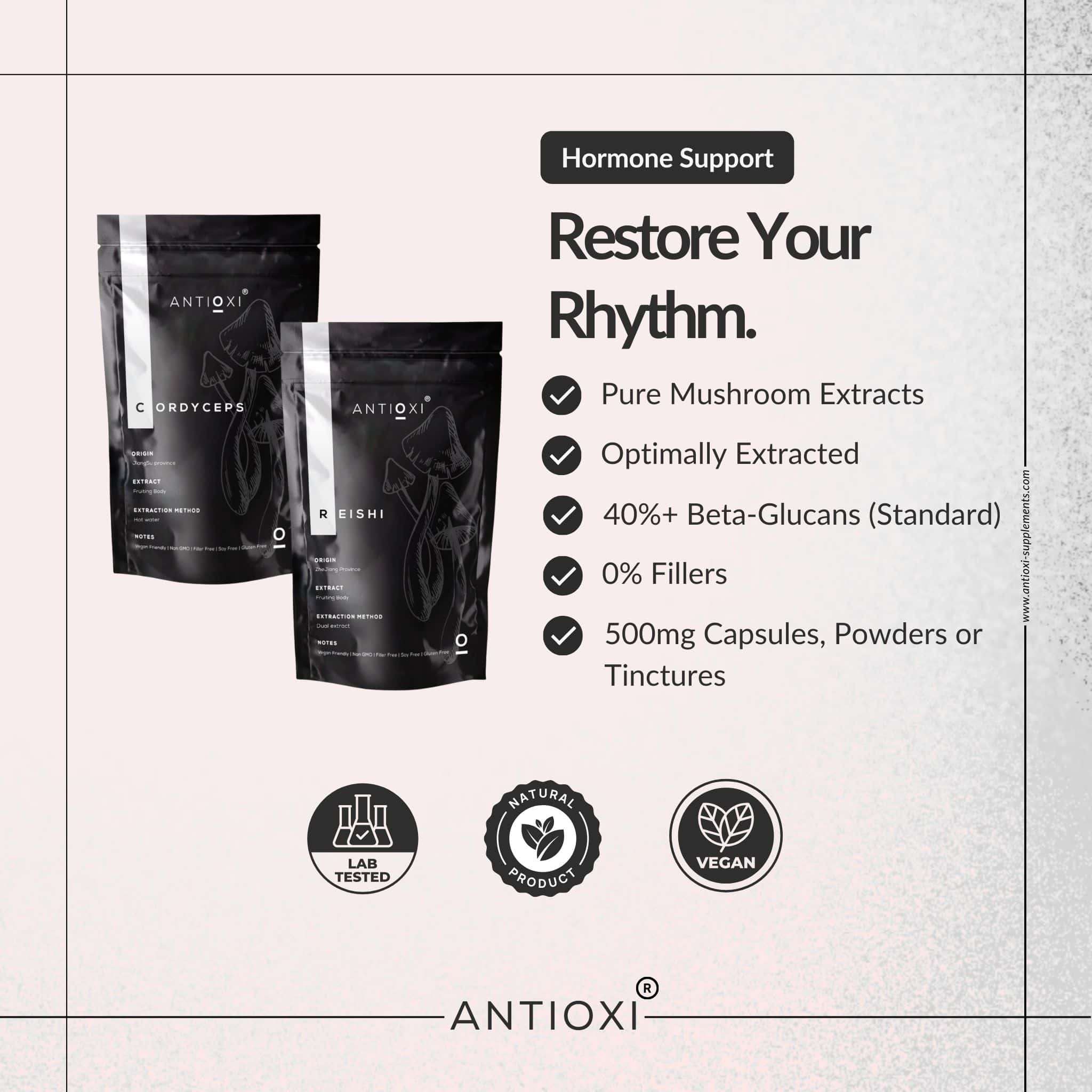 Antioxi Hormone Support mushroom supplement bundle with Reishi and Cordyceps extracts, 40% beta-glucans and filler-free formulation.