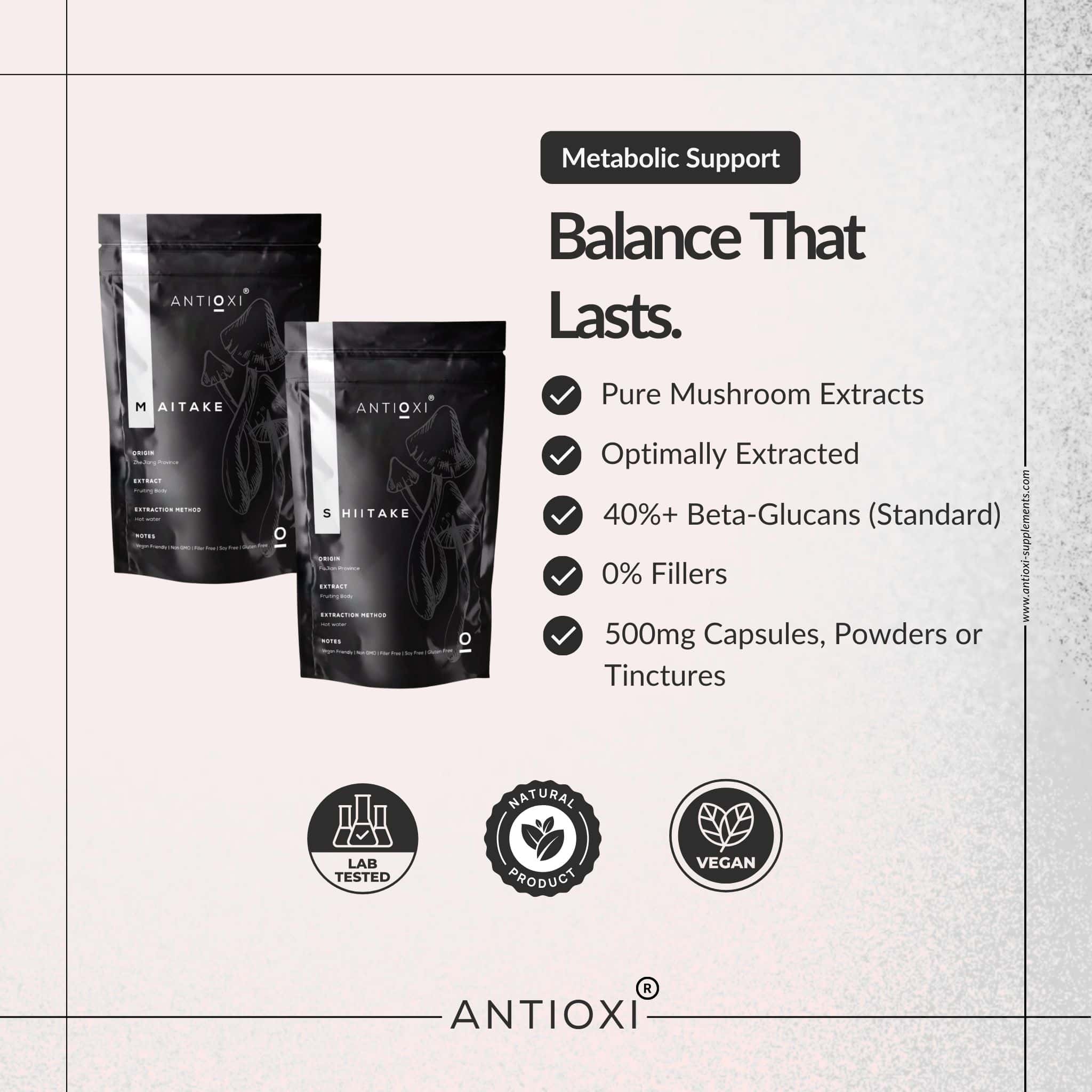 Antioxi Metabolic Support mushroom supplement bundle with Shiitake and Maitake extracts, 40% beta-glucans and filler-free formulation.