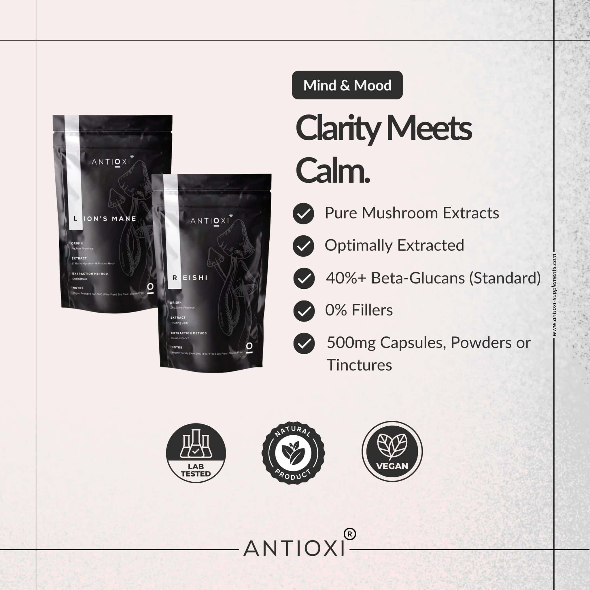 Antioxi Mind and Mood mushroom supplement bundle with Reishi and Lion's Mane extracts, 40% beta-glucans and filler-free formulation.