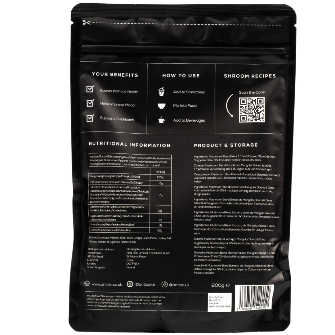 Backside of Antioxi 8 Mushroom Blend Pouch