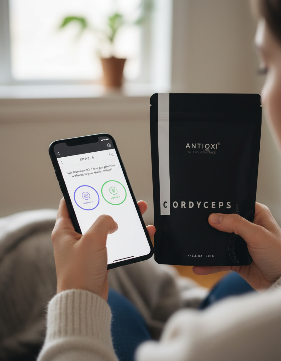 Person holding a phone with an app and a package labeled 'ANTIOXI Cordyceps'.
