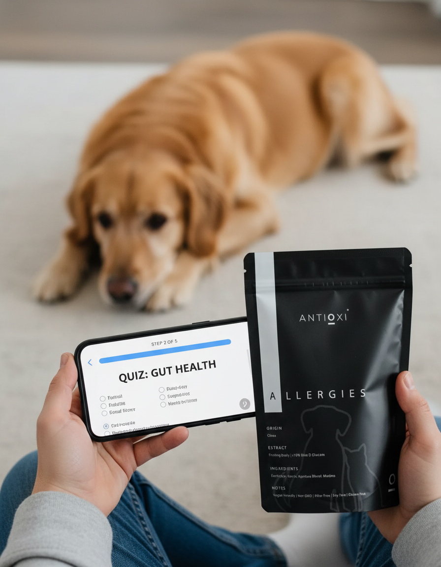 Person holding a phone with a quiz app and a package labeled 'ANTIOXI' in front of a dog.