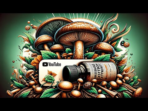 An artistic cover image for an introductory video about Shiitake mushrooms. The illustration prominently features Shiitake mushrooms surrounded by lush, vibrant foliage and botanical elements, highlighting their natural and organic origins. At the center, a bottle of Shiitake mushroom supplements is showcased, symbolizing the essence and benefits of the product.